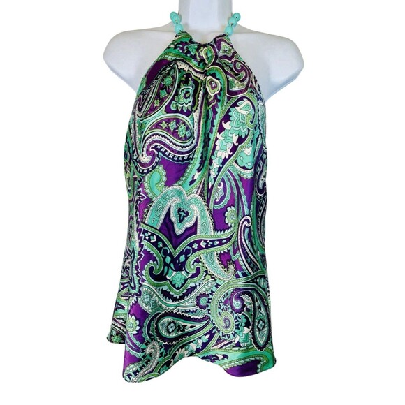 INC International Concepts Paisley Silk Blend Beaded Halter Top Women 10 Petite - Picture 1 of 7